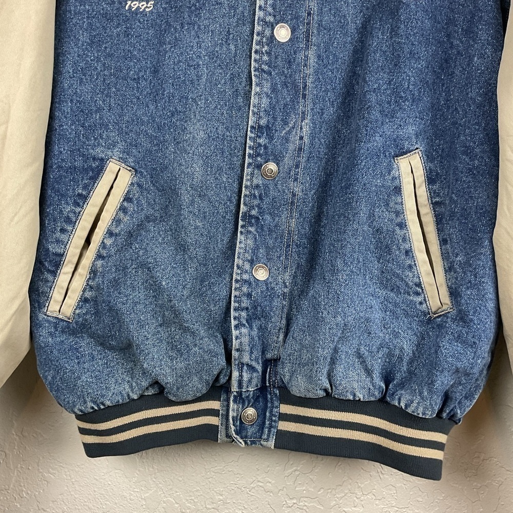 Men’s Vintage 90s Denim Canvas Bomber Style Basketball College Snap Up Coat - Picture 6 of 9